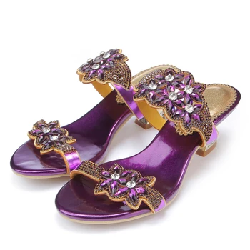 

Women Thick High Heel Slippers Horse Shoes Heel Slippers Rhinestone Slippers Diamond Casual 6cm High Heel Slippers