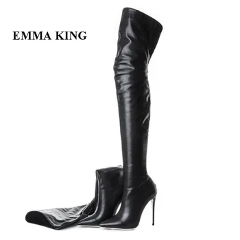 

EMMA KING New Sexy Black Over Knee Boots Women High Heel Stiletto Boots Pointed Toe Back Zip Up Thigh High Boots Plus Sise 43