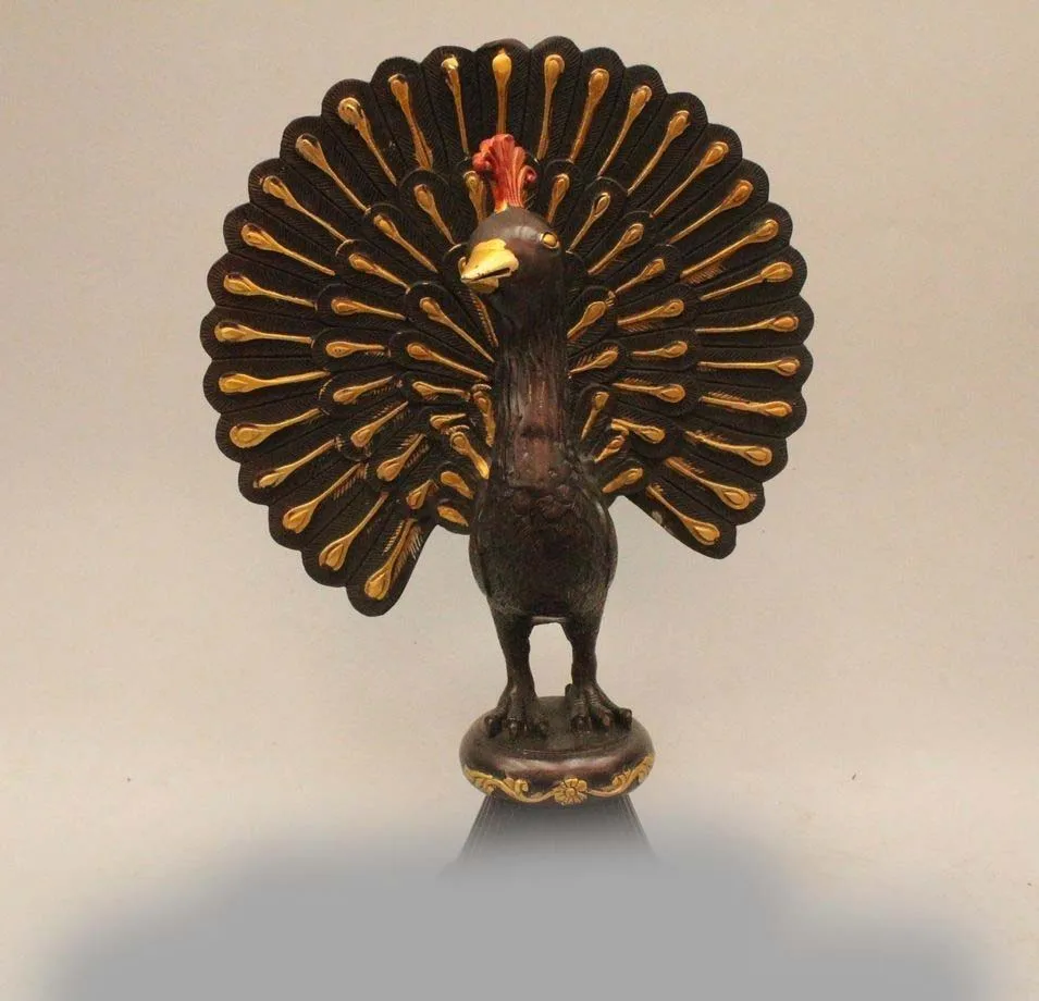 

11" China Chinese Folk Bronze Gild beautiful peacock peafowl Animal Statue Sculp