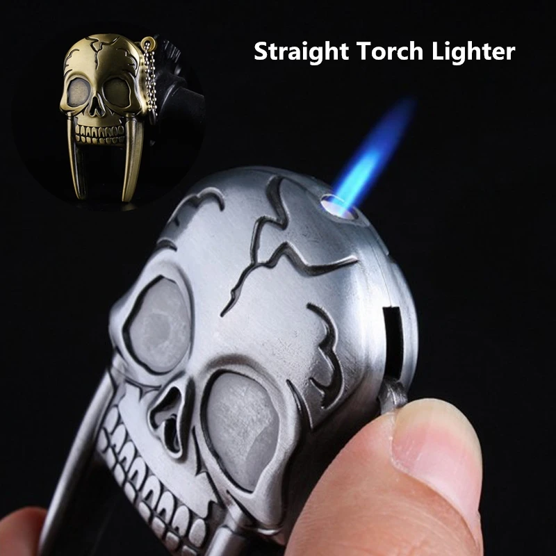 Mini Skull Head Metal Straight Flame Jet Torch Lighter Key Windproof