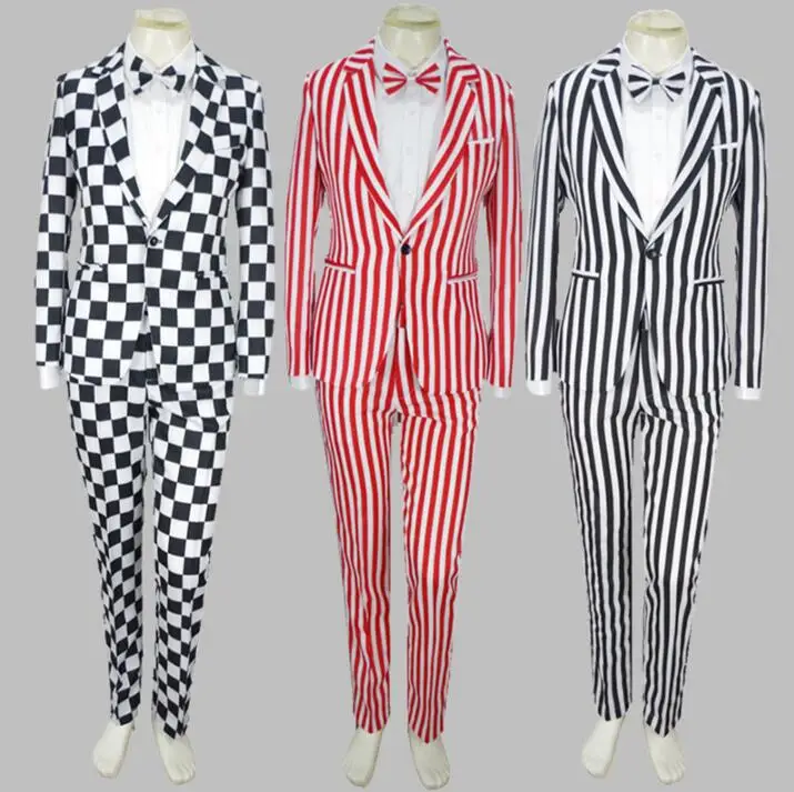

New Mens Wedding Suits Tuxedo Set Slim Fit Men Suit Brand Blazer Black and white plaid stripes jacket Dress Men Stage costume