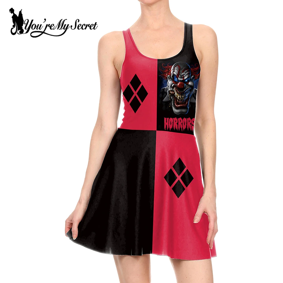 

[You're My Secret] 2019 Sexy Party Harley Super Hero Cosplay Black and Red Horrors Mask Drop Shouder Vestidos Women's Dress