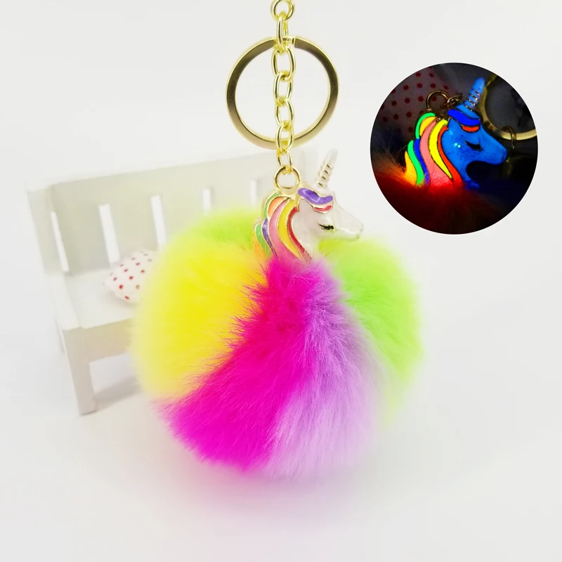 Unicorn Glow Keychain Fur Pompom Key Chains Decorative Bag Pendant Charms Car Key Ring Accessories Fashion Ornaments Kids Gifts