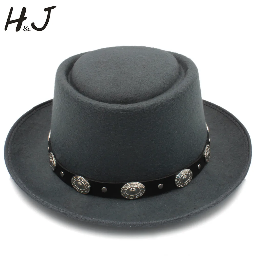 

Men Pork Pie Hat Wool Flat Fedora Hat for Dad Gentleman Gambler Boater Trilby Jazz Hat Size 58cm