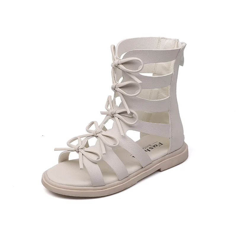 

Kids Gladiator Sandals High Top Roman Boots PU Leather Bow-knot Princess Girls Vintage Sandals Black White Soft Flat Dress Shoes