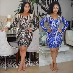 Осень 2018, новый стиль, модный Африканский стиль, геометрическое двухцветное цельнокроеное платье с блестками, короткое цельнокроеное
