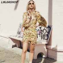 Сексуальное богемное желтое квадратное платье для женщин с оборками и пышными рукавами, прямое Летнее мини-платье с принтом, плиссированное платье для девочек, Новое поступление