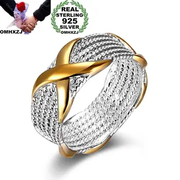 

OMHXZJ Wholesale Personality Fashion Woman Girl Party Wedding Gift Lines Cross 925 Sterling Silver 18KT Yellow Gold Ring RN225