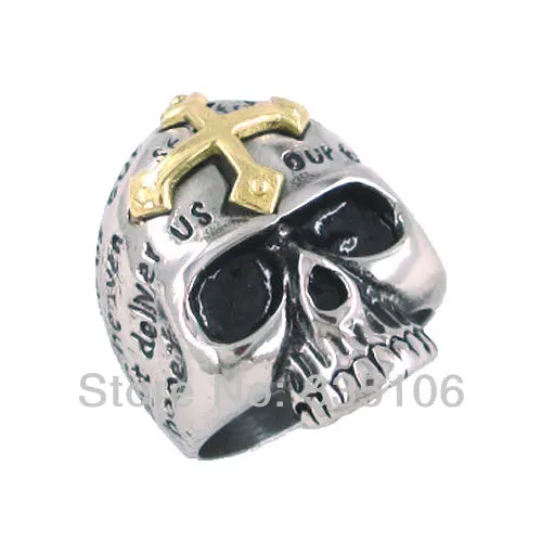 

Free Shipping! Gothic Gold Cross Skull Ring Stainless Steel Jewelry Punk Motor Biker Men Ring SWR0097