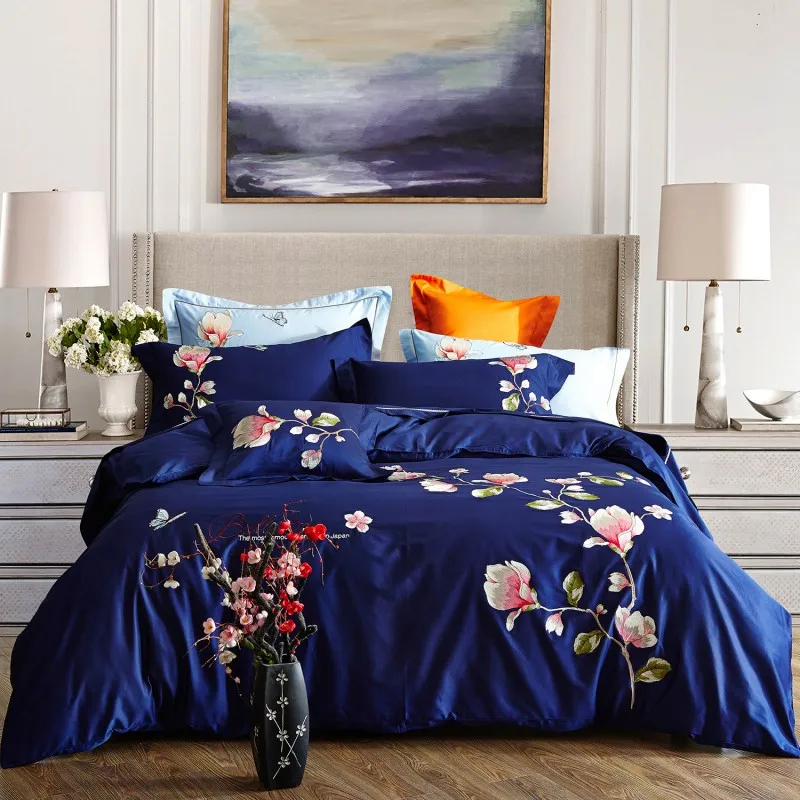 Navy Blue Violet Gray Luxury Flower Embroidery 60s Egyptian Cotton