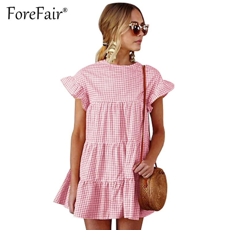 Forefair 2018 جديد نمط منقوشة مخطط فستان مكشكش الصيف المرأة عارضة فضفاض قصير كم البسيطة فساتين Vestidos