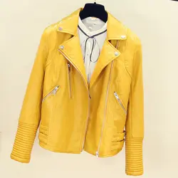 2019 Мода Автомобильная Для женщин кожаная куртка желтый стройная женщина короткое платье; костюм Искусственная кожа замшевые пальто Леди
