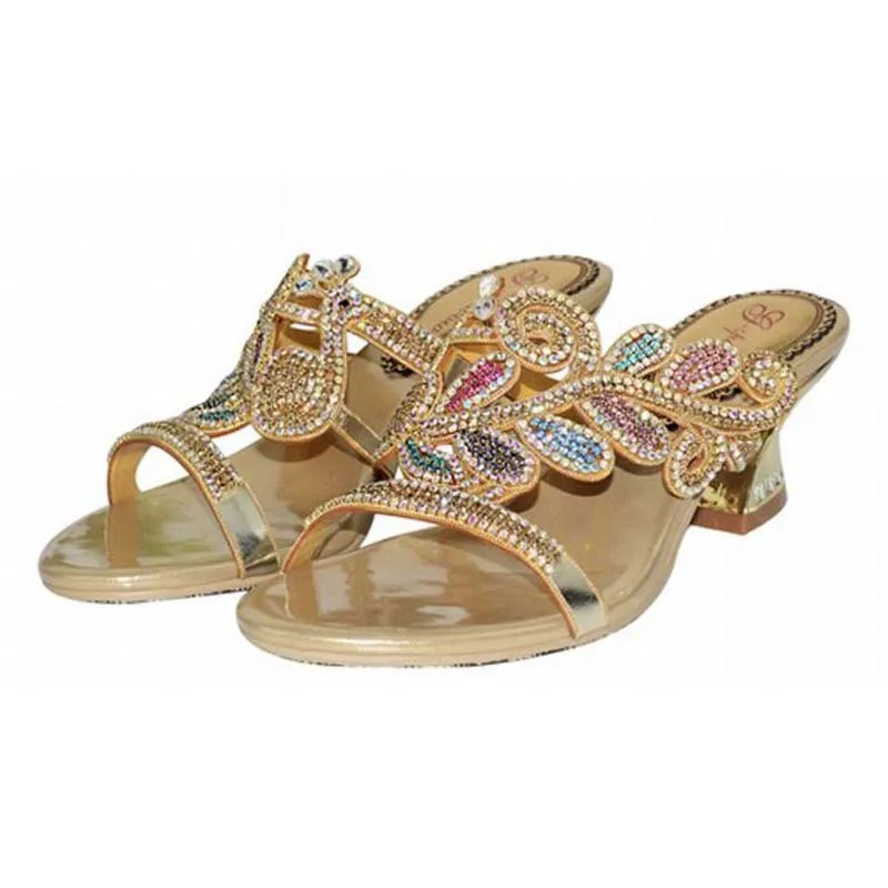 Новые горячие женщин разноцветными стразами среднем Обувь на высоком каблуке сандалии-гладиаторы женские Рим тапочки хрустальные цветы Женская летняя обувь