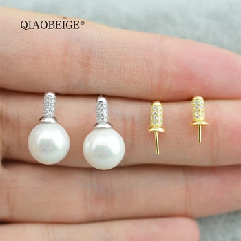 

QIAOBEIGE DIY pearl earring mountings, 925 sterling silver zircon stone semi earring & pearl Setting for round pearl beewax bead