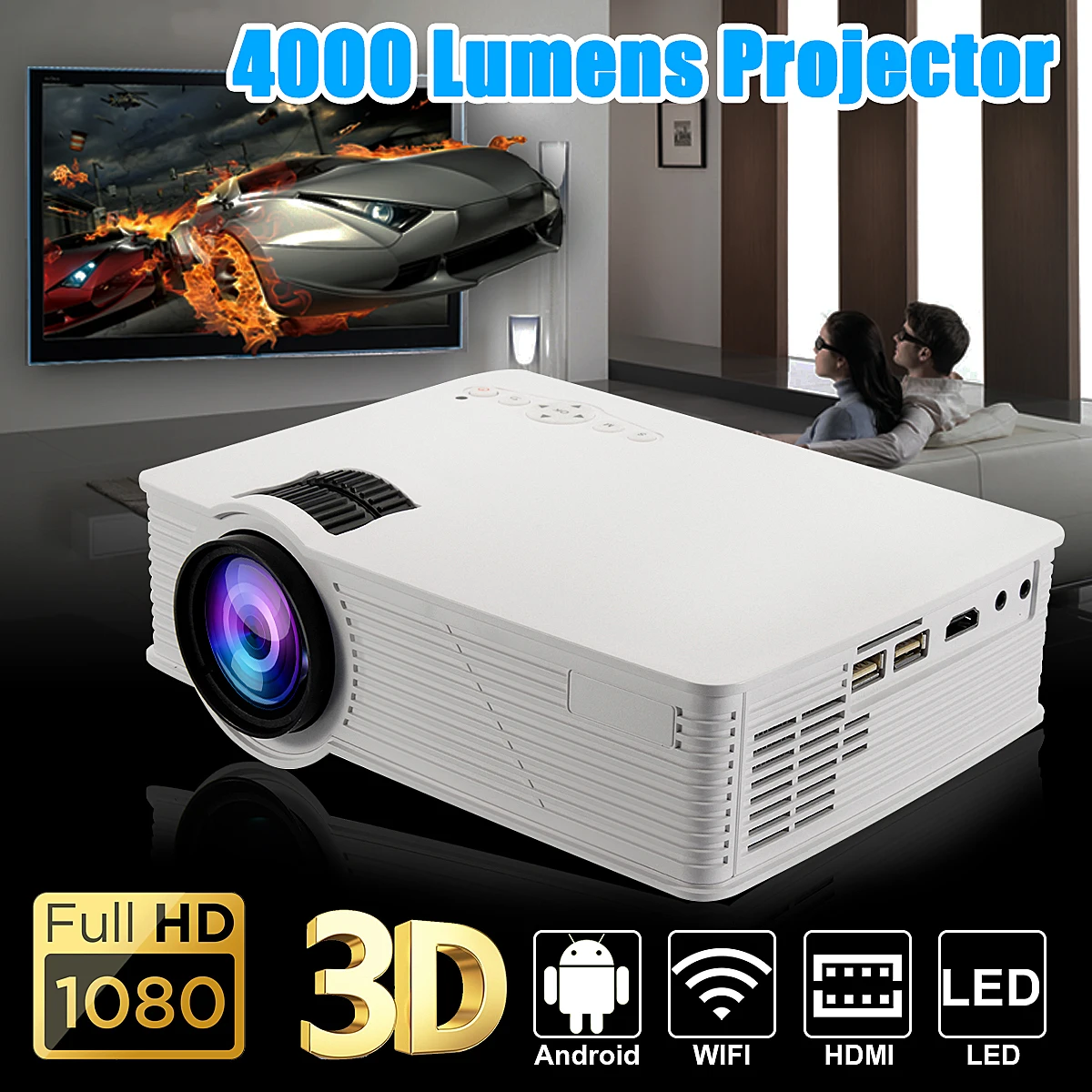 LED WIFI Projector 1080P HD Android4.4 3D Multimedia Beamer for Theater Home Cinema Presentation Video TV Movie with adapter LED WIFI Projector 1080P HD Android4.4 3D Multimedia Beamer for Theater Home Cinema Presentation Video TV Movie with adapter