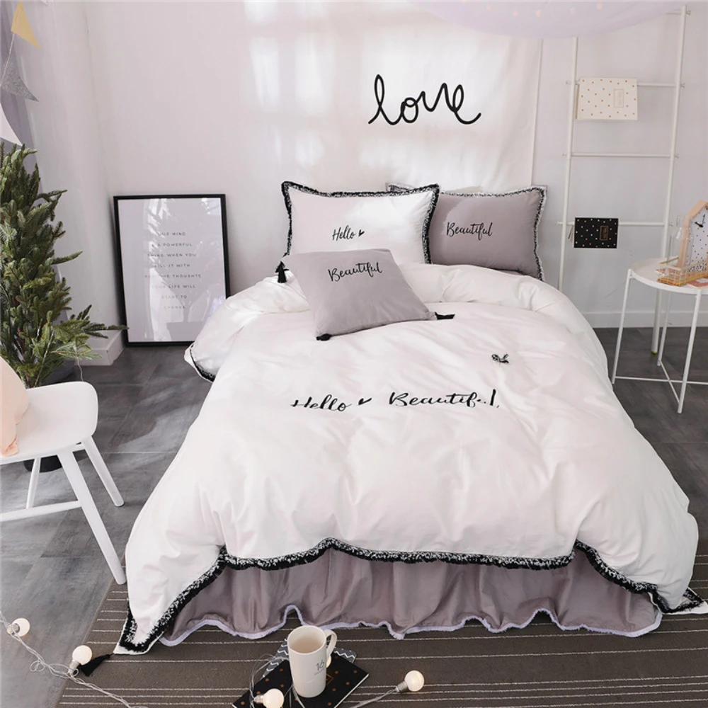 

100% Cotton White Grey Color Girls Korean Bedding Sets/bedclothes Queen King Size Duvet Cover Bed Skirt Set Bed Sheet Set Pillow