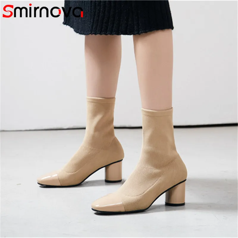 

Smirnova HOT SALE ankle boots 2018 fashion knitting +genuine leather boots ladies new autumn winter square toe boots woman boots