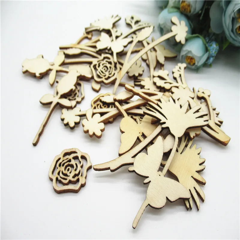 20/30pcs 25-75mm Natural Shorting a variety of flowers Pattern wood Art Collection Craft Handmade for Home decoration diy Q52