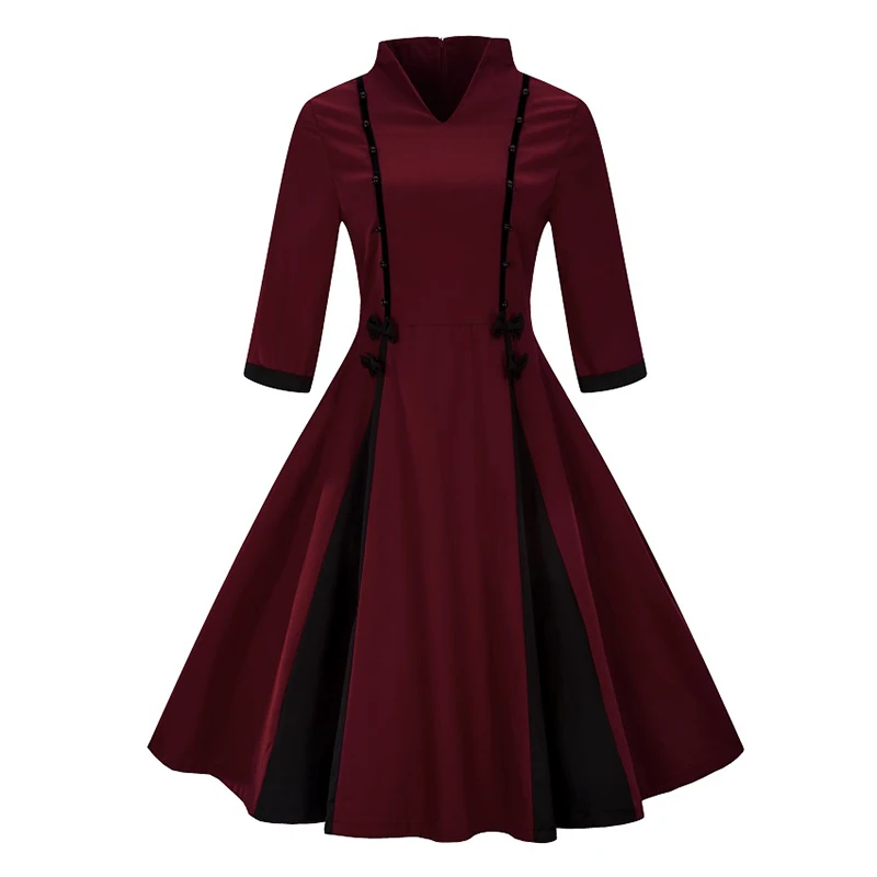 Kostlich 2017 New Autumn Dress Women V-Neck Long Sleeve Hepburn 50s Vintage Dress Patchwork Bow Style Party Dresses Plus Size (5)