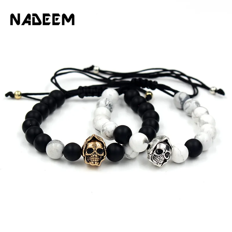 

Copper CZ Skull Helmet Charms Bracelet Sets for Men Male Braiding Howlite Beads Strand Skeleton Wrap Bracelets Bangles Jewelry