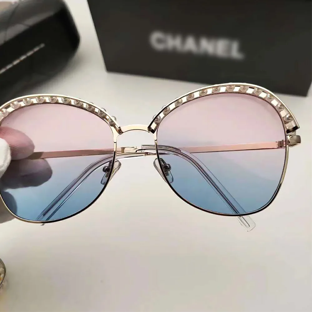 Gold-Pink Blue Новые солнцезащитные очки с жемчугом женские роскошные брендовые дизайнерские солнцезащитные очки металлическая оправа Оттенки для женщин очки с градиентными линзами винтажные очки - Цвет линз: Gold-Pink Blue
