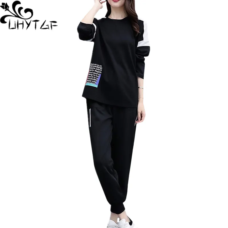 

UHYTGF 5XL Oversized Set Womens autumn 2 piece set Sports suit Fashion girl black Tops And pants elegant tracksuit for women 358