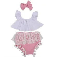 Summer Newborn Baby Girls Clothing Set Outfits Clothes Ruffle Tops+Pink Lace Shorts Headband 3PCS Cute Baby Girls Clothes Set