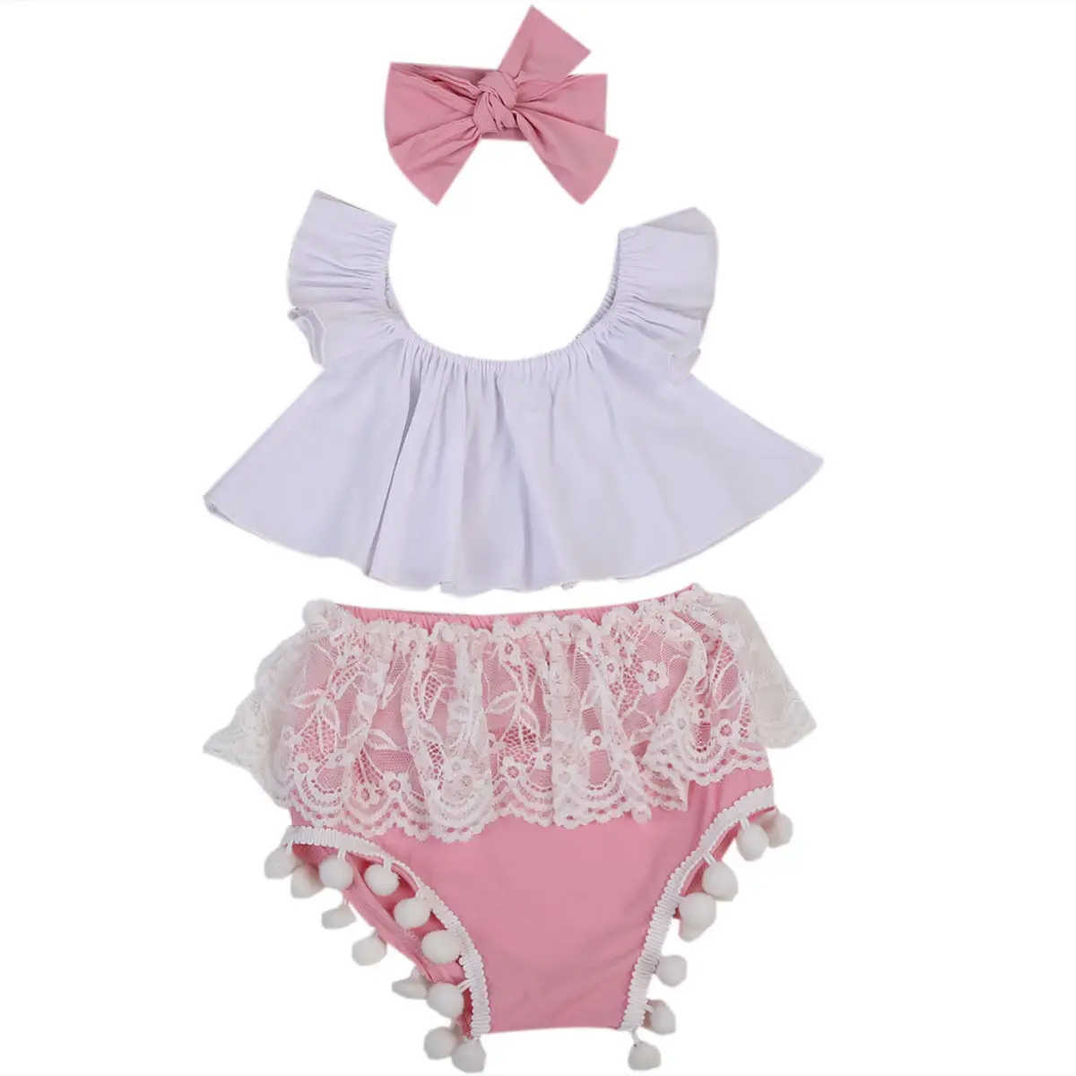 Summer Newborn Baby Girls Clothing Set Outfits Clothes Ruffle Tops+Pink Lace Shorts Headband 3PCS Cute Baby Girls Clothes Set