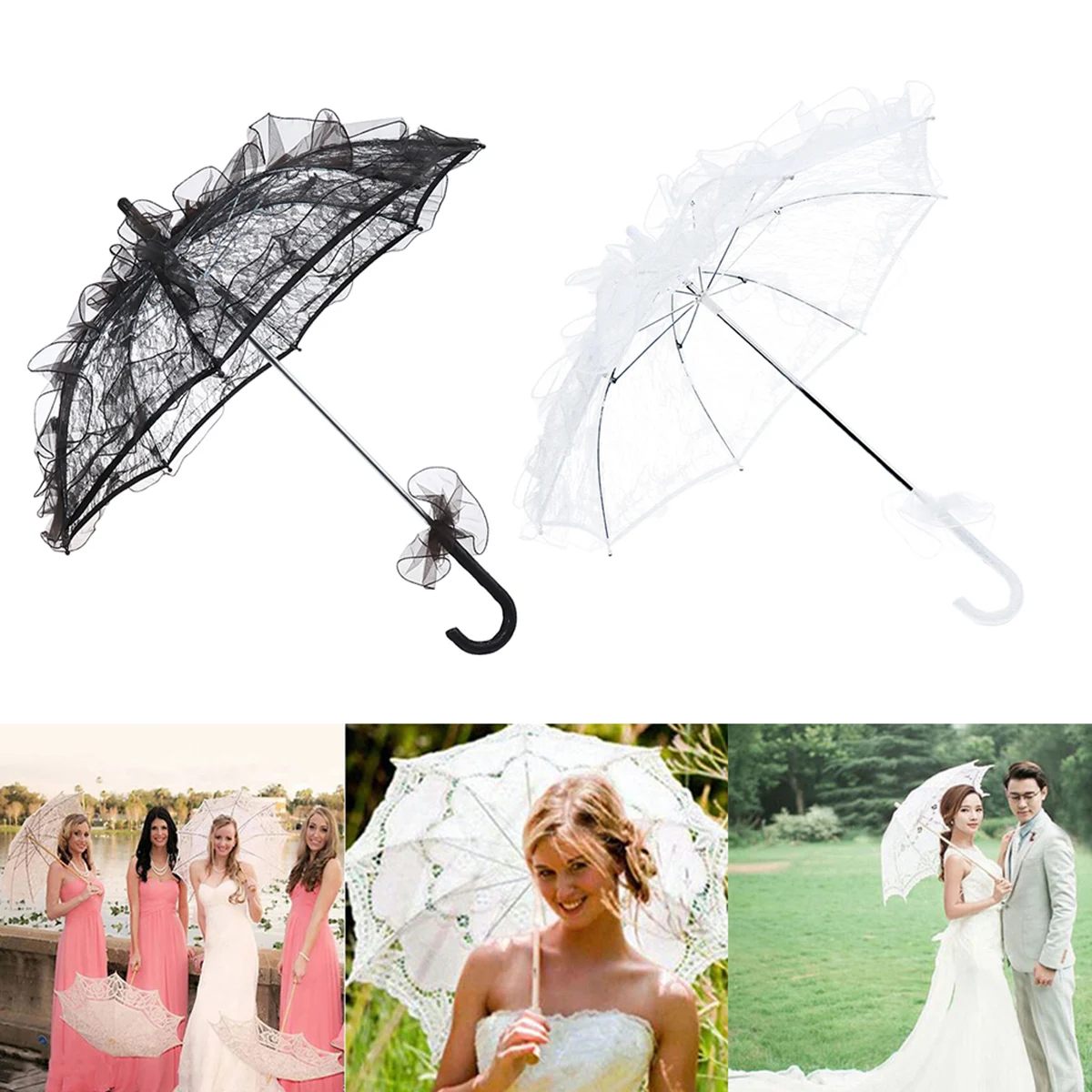 ANKKO occidental estilo romántico Lace boda sombrilla paraguas Stick paraguas para sesión de fotos color blanco 