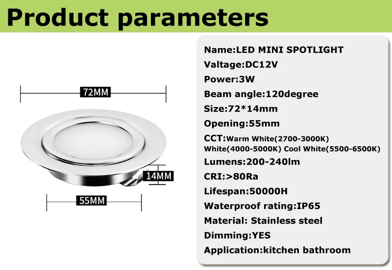 Ultra-thin Waterproof Embedded 3W LED Mini Spotlight 12V Dimmable For Kitchen Bathroom Mirror Headlights (4)