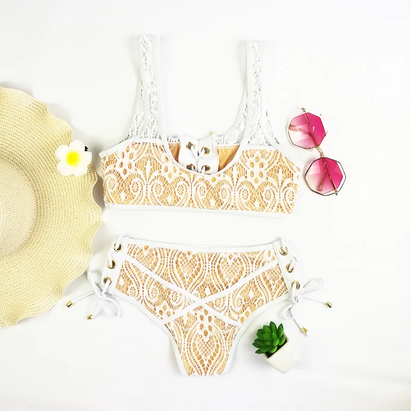 sexy Solid bikini set Swimwear women Push Up black white Lace high-waisted swimsuit beach bathing suit plus size S-XL