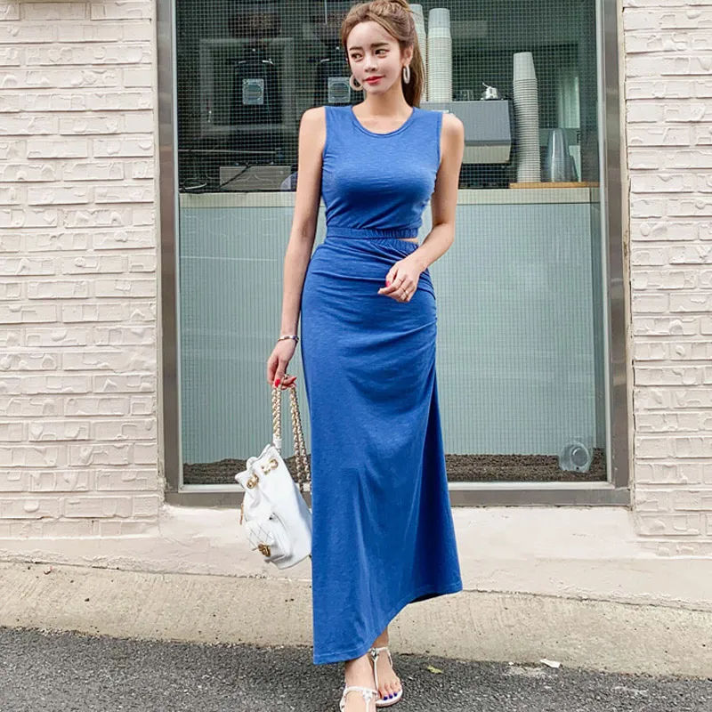 

New 2019 Summer Dress Women Sexy Sleevless Hollow Out Split Slim Maxi Long Dresses Blue Korean Fashion Vestido
