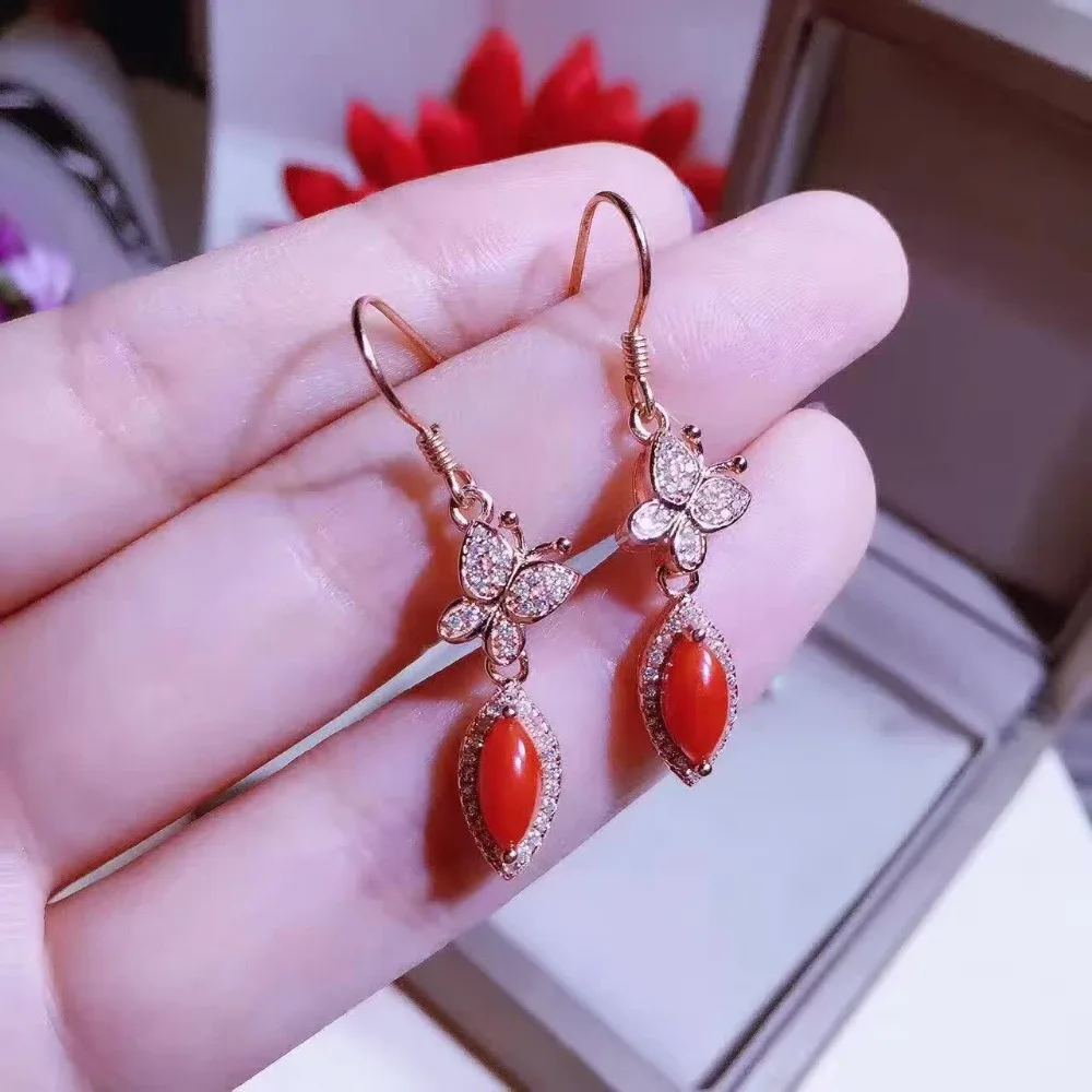 natural red coral drop earrings 925 silver Natural gemstone earring for