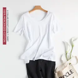 Высококачественная ткань для женщин с круглым вырезом 100% Мерсеризованный хлопок карман свободная футболка u-футболка короткий рукав