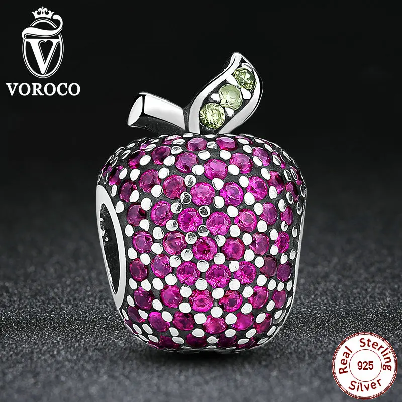 Stunning 925 Sterling Silver Red Pave Apple Fancy Red CZ Green Crystal Charm Fit Pandora Bracelet