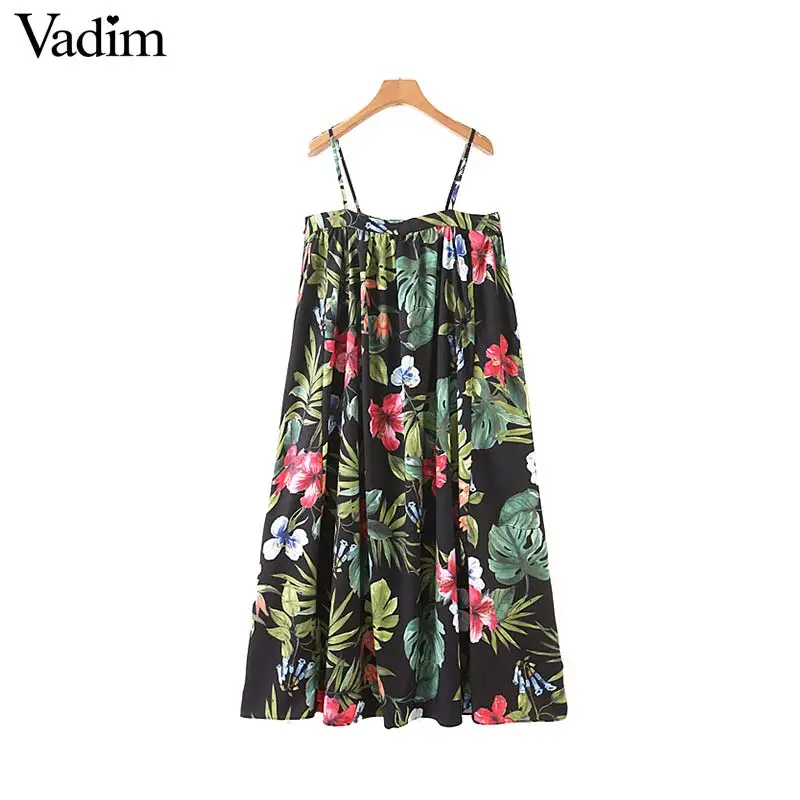 

Vadim wonen vintage floral print shift dress sleeveless adjustable straps square collar female retro loose midi dresses QC499
