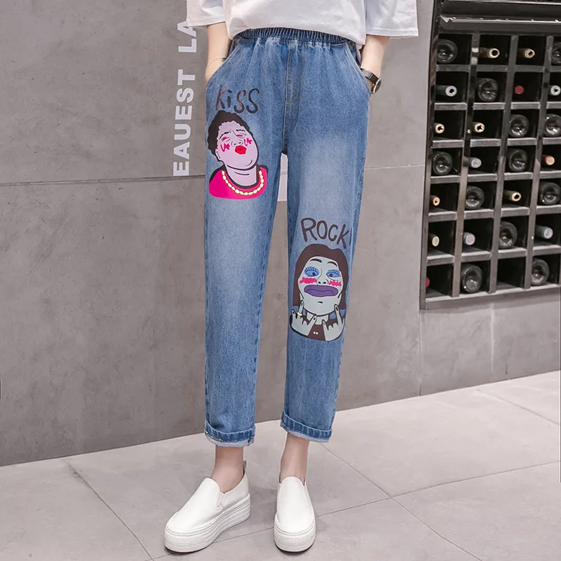 100Kg 5Xl Plus Size Women Jeans Elastic Waist Character Cartoon Print Jeans Casual Baggy High Waisted Mom Jeans Cintura Alta