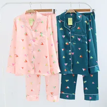 Женские шелковые пижамные комплекты пижама с длинными рукавами, искусственная шелковистая Весенняя пижама из двух предметов с принтом треугольников, уход за кожей, ночное белье