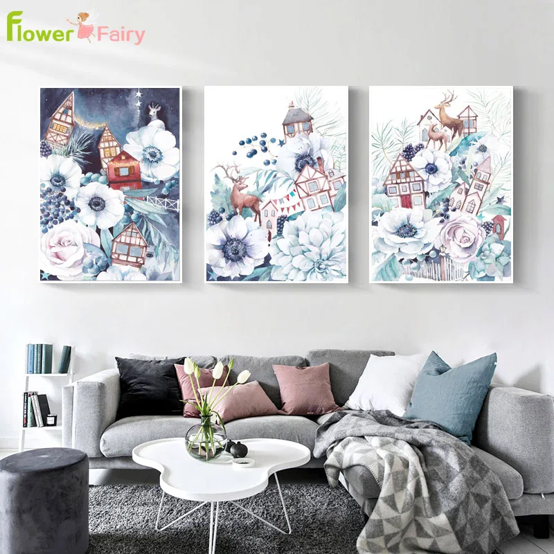 

Nursery Castle Nordic Poster Posters Classical Flower Wall Art Canvas Painting Prints Cartoon Elk Picture Home Decor Unframed
