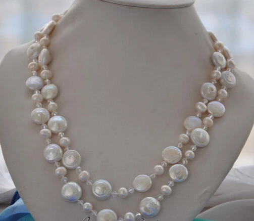 

ddh002757 LUSTER 14mm white round / coin pearl faceted crystal necklace 42inch