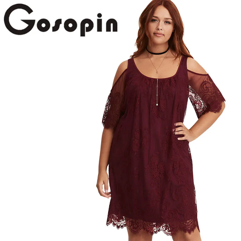 

Gosopin Plus Size Lace Cold Shoulder Party Dress Women Summer Dress Half Sleeve Sexy Mini Clubwear Trapeze Dress XXXL LC220363