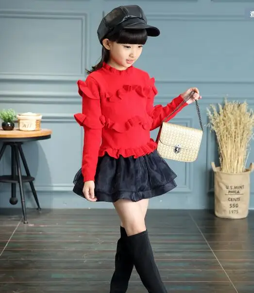 

2016Girls spring and autumn knitted dress new Korean version of the big children in the small ears of European high-necked stitc