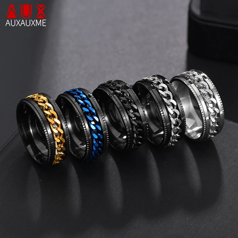 Auxauxme Титан Нержавеющая сталь кольцо spinner кольцо для Для мужчин голубой золотистый и черный кольца с камнями аксессуары, ювелирное изделие, подарок
