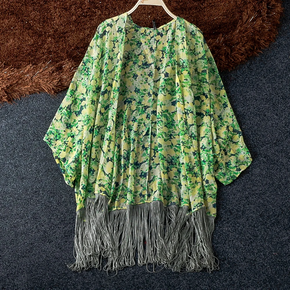

Discount Flower Print Green Kimono Fashion Elegant No Button Tassel Japanese Kimonos Blouse Stylish Sunscreen Cheap Floral Shirt