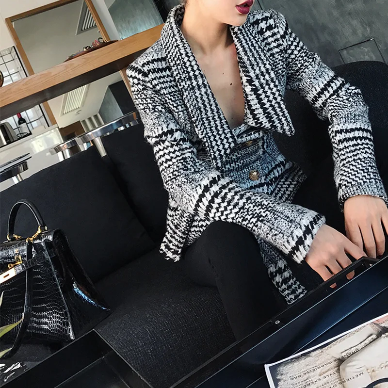 Women plaid notched collar tweed blazer double breasted pockets tassel hem female loose casual outwear chic tops Women plaid notched collar tweed blazer double breasted pockets tassel hem female loose casual outwear chic tops