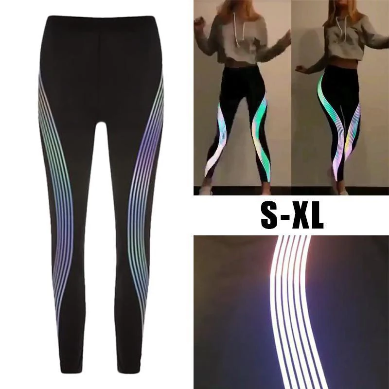 

New-fashioned Women's Trouser Rainbow Reflective Leggings Gym Fitness Pants Sportswear Glow In The Dark