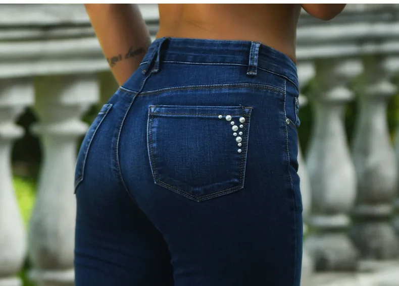 European station Europe and the United States new hole pearl cat toe cowboy high waist pants feet beaded straight jeans (5)