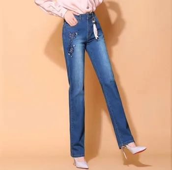 

#3010 Spring Autumn Straight Denim Jeans Womens Elegant Embroidery Formal Jeans For Women Washed Slim Fit Push Up Denim Trousers