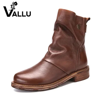 

VALLU 2019 Handmade Women Shoes Ankle Boots Genuine Leather Pleated Round Toes Low Heels Original Natural Leather Ladies Boots