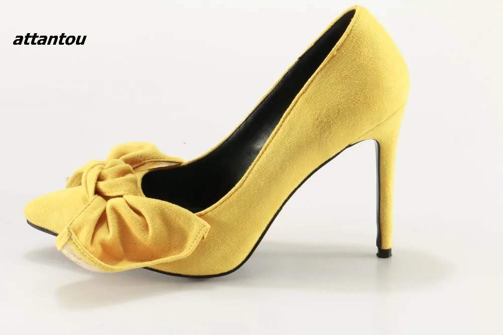 

2017 New Design Butterfly-knot Stick Shoes Pointed Toe Sexy Stiletto High Heels Plus Size Yellow Suede Lady Slip-onBow-knot Pump